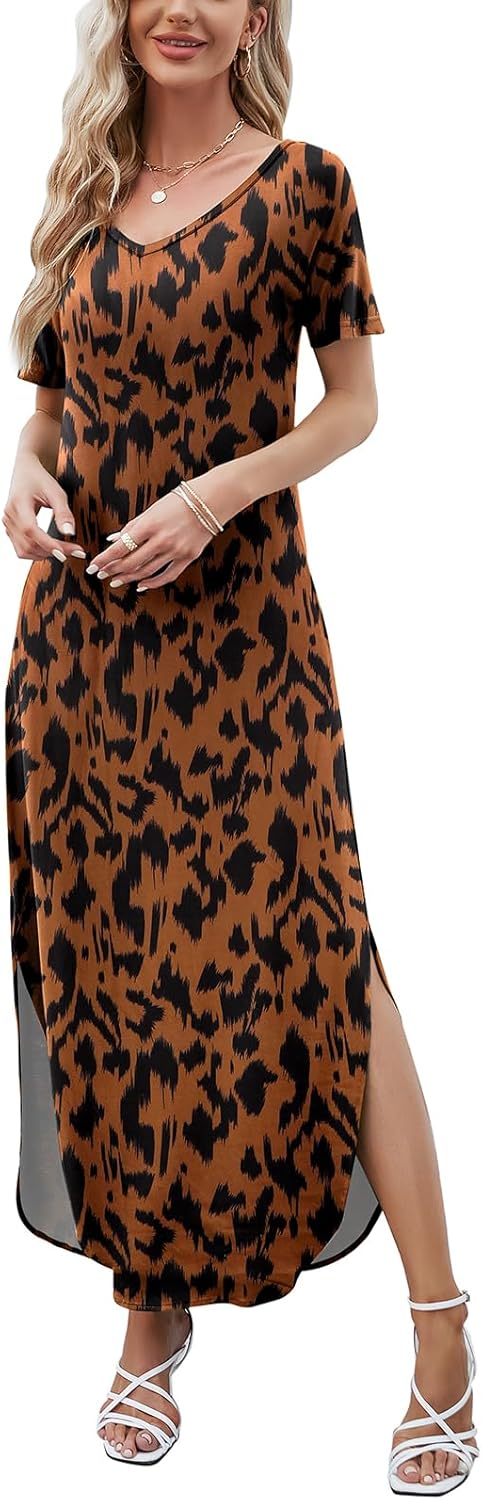Julie Robe Maxi Femme – Robe Longue Col V Fendue Casual Été Fluide Élégante