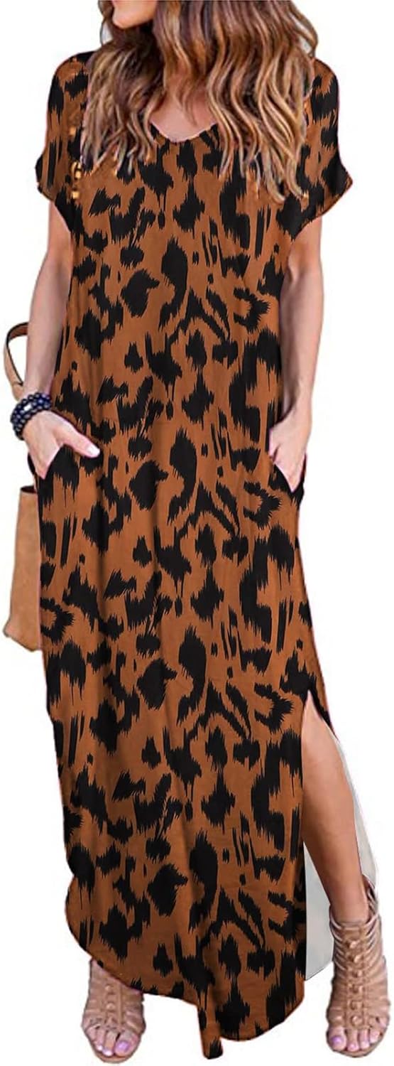 Julie Robe Maxi Femme – Robe Longue Col V Fendue Casual Été Fluide Élégante