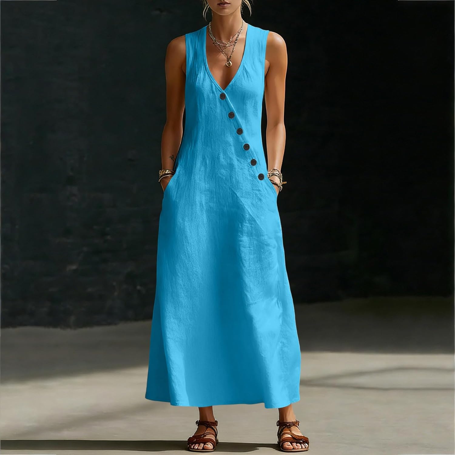 Laura Robe Femme – Robe Midi Coton Col V Sans Manches Boutons Coupe A-Line Été