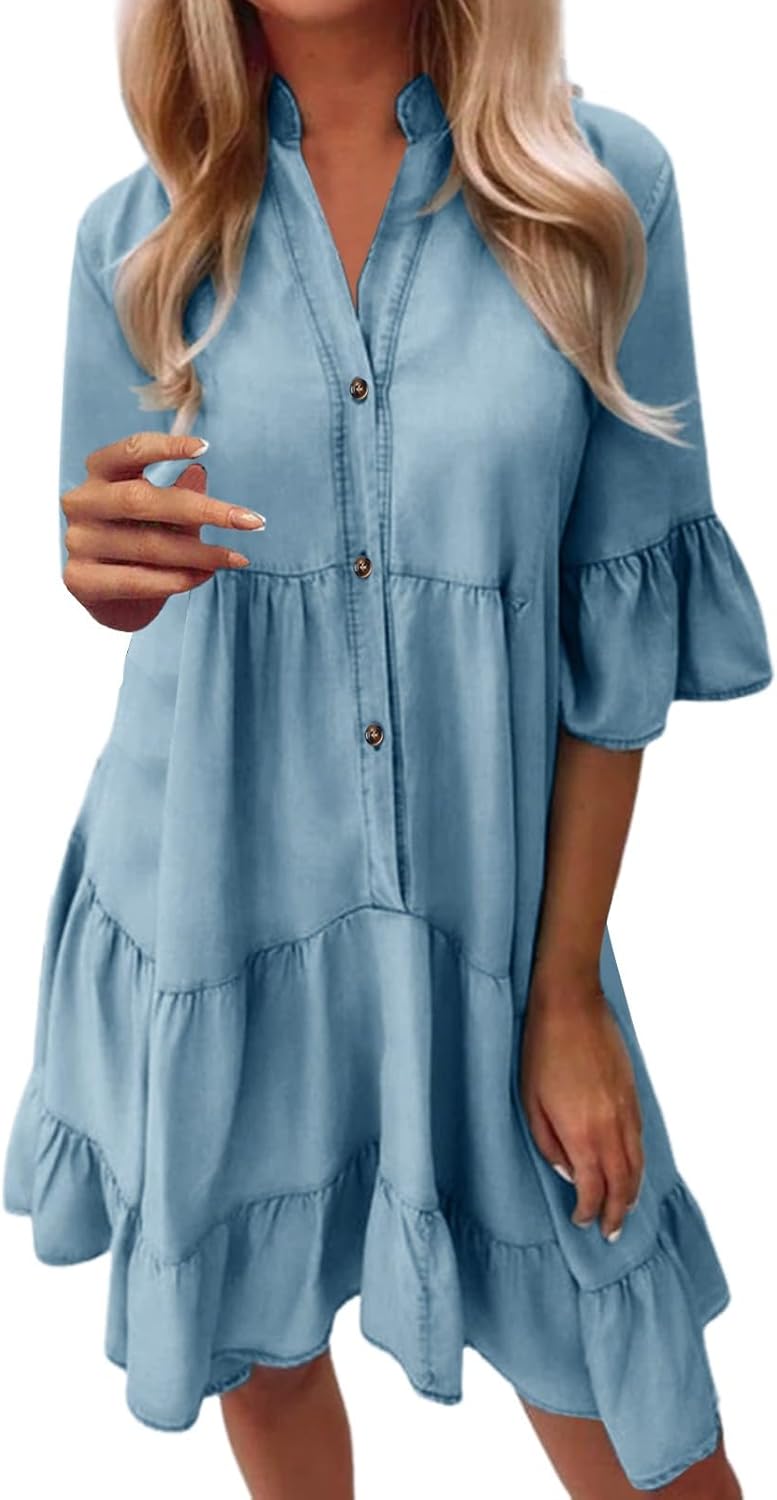 Φόρεμα Chemise Boho για Γυναίκες Sophie – Κοντό Ροήν Φόρεμα με V Λαιμόκοψη και Κοντά Μανίκια