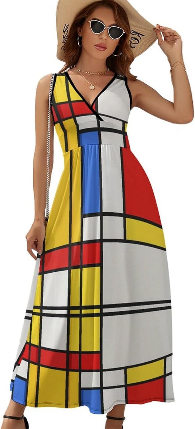 Vestito Lena Donna – Vestito Maxi Scollo a V Senza Maniche Vita Alta Motivo Moderno Estate