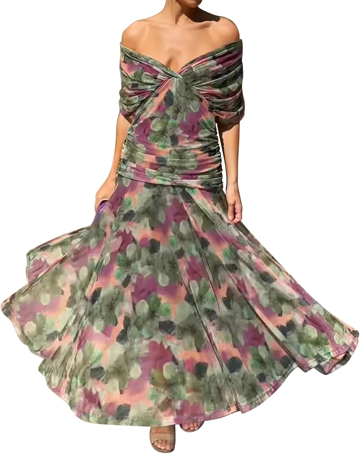 Olivia Damenkleid – Blumiges Cocktailkleid mit freiliegenden Schultern und hoher Taille, elegant