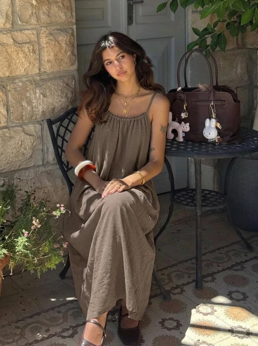 Luna Robe Maxi Femme – Robe Dos Nu Bretelles Fines Effet Lin Été Bohè