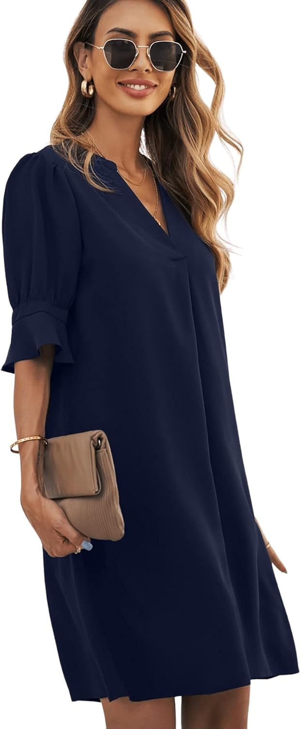 Emily Robe d’Été Femme – Robe Élégante Col V Coupe Ample Manches Mi-Longues