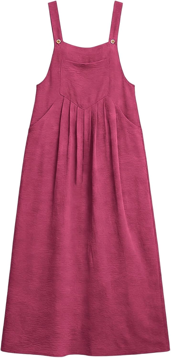 Camille Robe Salopette Longue Femme – Robe Pinafore Plissée à Bretelles Réglables avec Poches