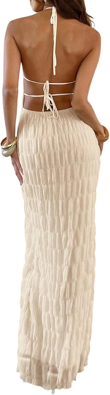 Eva Maxi šaty pro ženy – elegantní šaty s odhalenými zády, halter stylem a bodycon střihem ve stylu Old Money