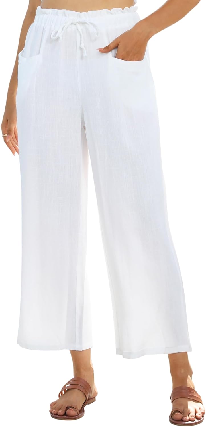 Linda Pantalon Femme Lin Capri – Coupe Large Fluide, Taille Haute Élastique Été