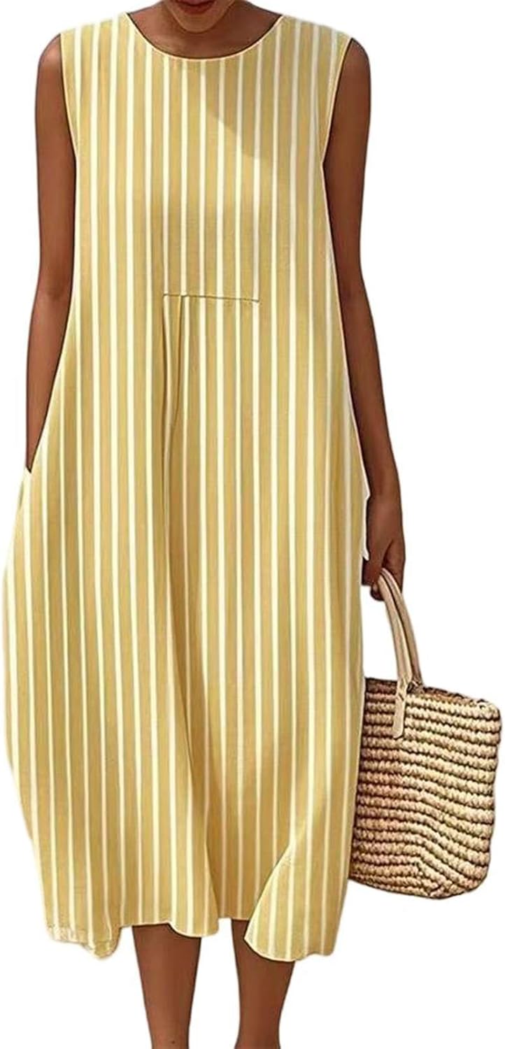 Elena Abito Donna – Abito Midi in Lino a Fiori Collo Tondo Senza Maniche con Tasche Stile Bohemien Estate