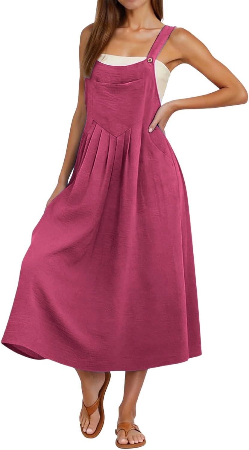 Camille Robe Salopette Longue Femme – Robe Pinafore Plissée à Bretelles Réglables avec Poches