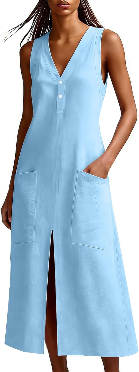 Emma Robe Femme – Robe Maxi Lin Col V Sans Manches Fente Poches Été Élégante