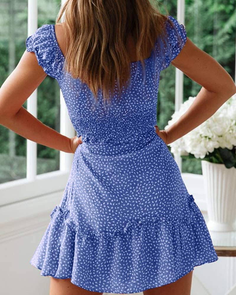 JoAnn Robe Femme Mini Fleurie – Col Cœur, Manches Volants, Taille Smockée Été