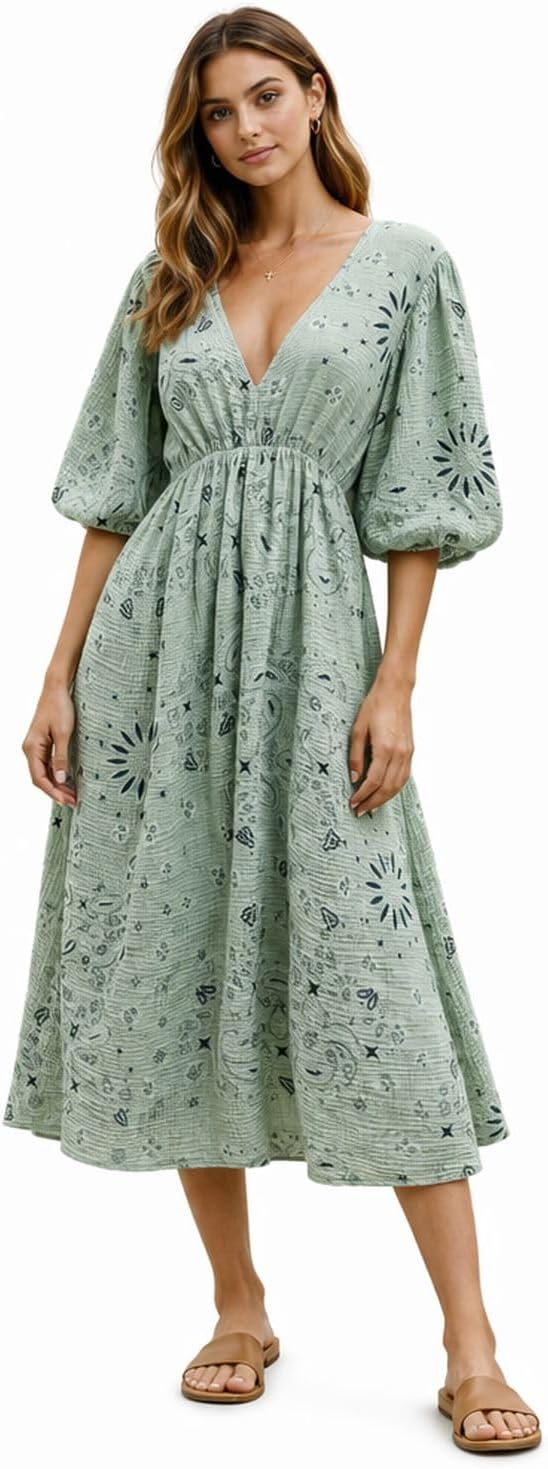 Giulia Robe Femme – Robe Midi Coton Col V Manches 3/4 Coupe Fluide Bohème Été