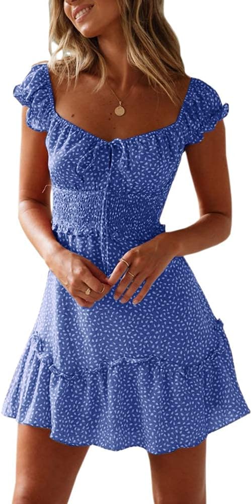 JoAnn Robe Femme Mini Fleurie – Col Cœur, Manches Volants, Taille Smockée Été