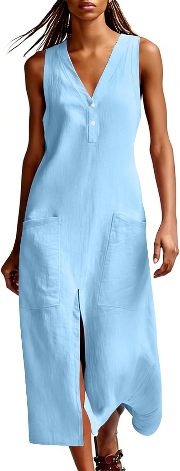 Emma Robe Femme – Robe Maxi Lin Col V Sans Manches Fente Poches Été Élégante