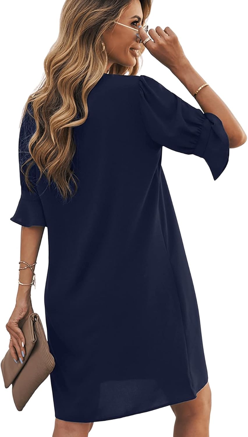 Emily Robe d’Été Femme – Robe Élégante Col V Coupe Ample Manches Mi-Longues