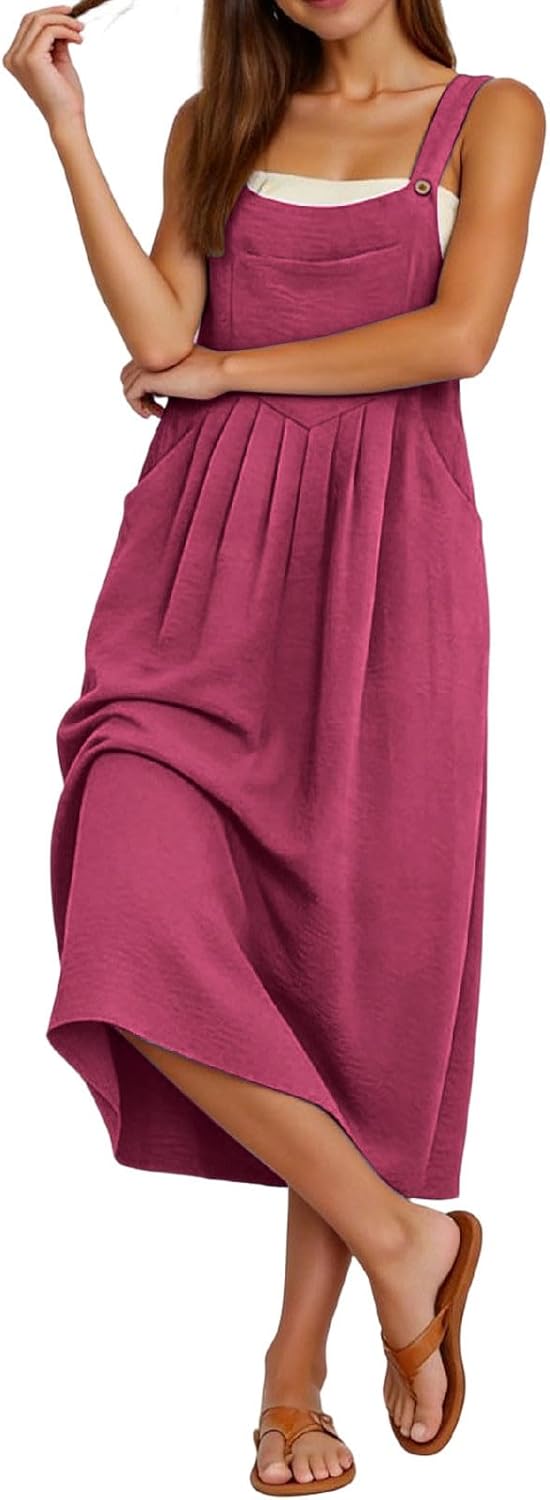 Camille Robe Salopette Longue Femme – Robe Pinafore Plissée à Bretelles Réglables avec Poches