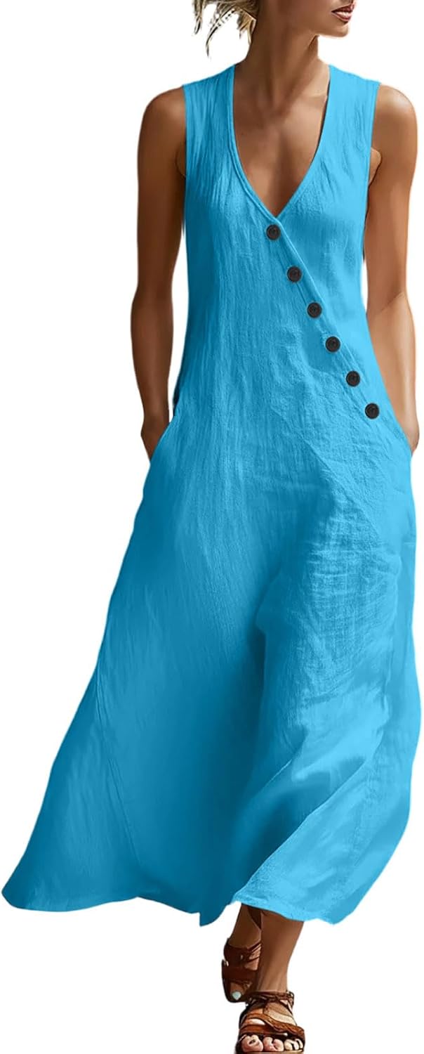 Laura Robe Femme – Robe Midi Coton Col V Sans Manches Boutons Coupe A-Line Été