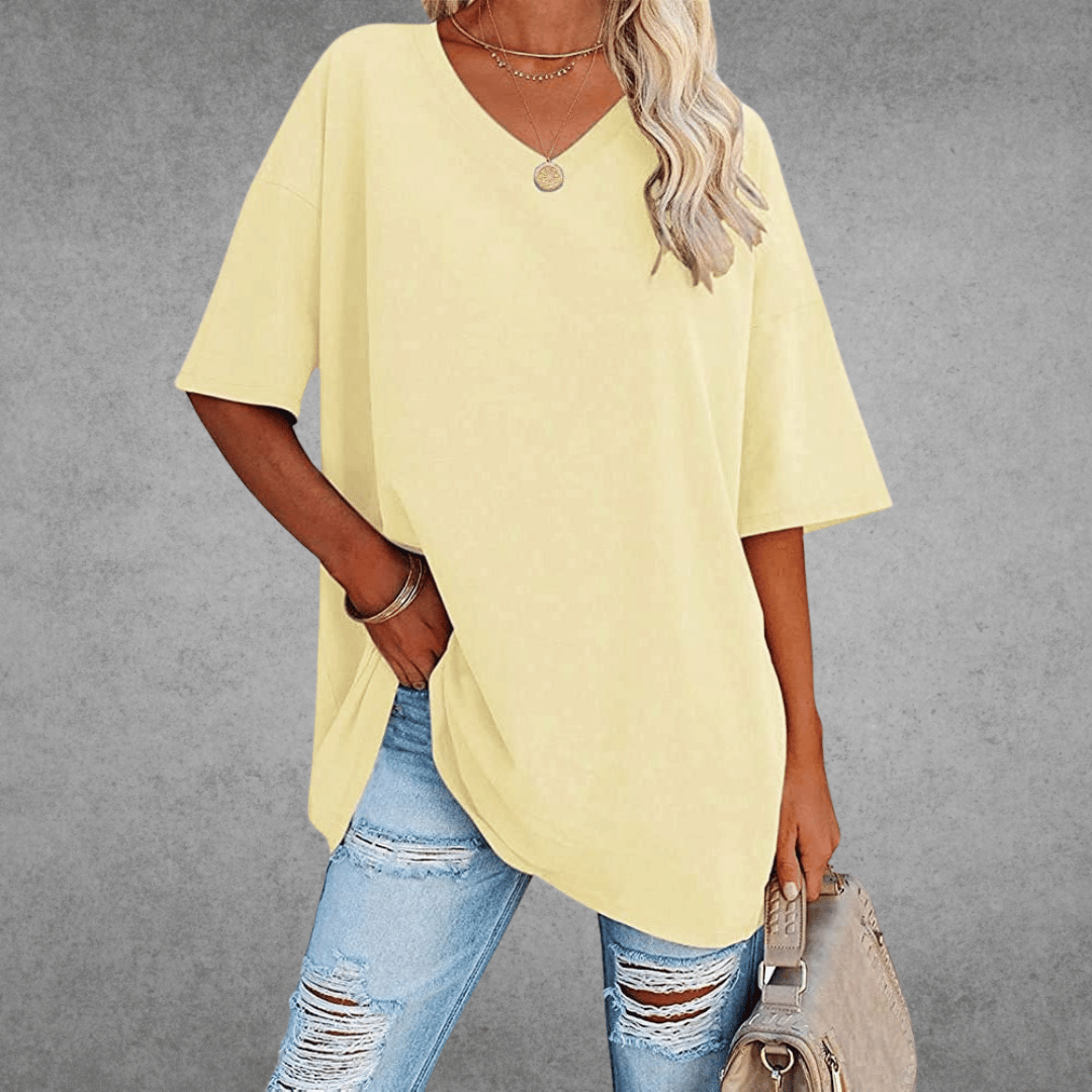 T-shirt Oversize Ninon Mulher – Design confortável com decote em V e tecido leve e respirável