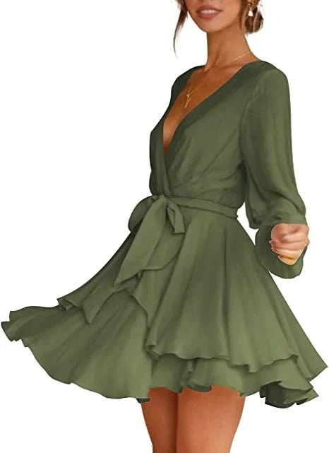 Abito corto da donna Cléo - Abito svasato con scollo a V, cintura e maniche lunghe