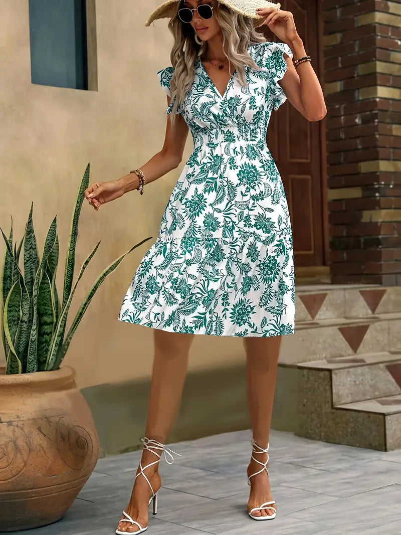 Robe d'Été Femme Lauren – Robe Élégante à Col en V avec Volants & Taille Froncée pour les Vacances