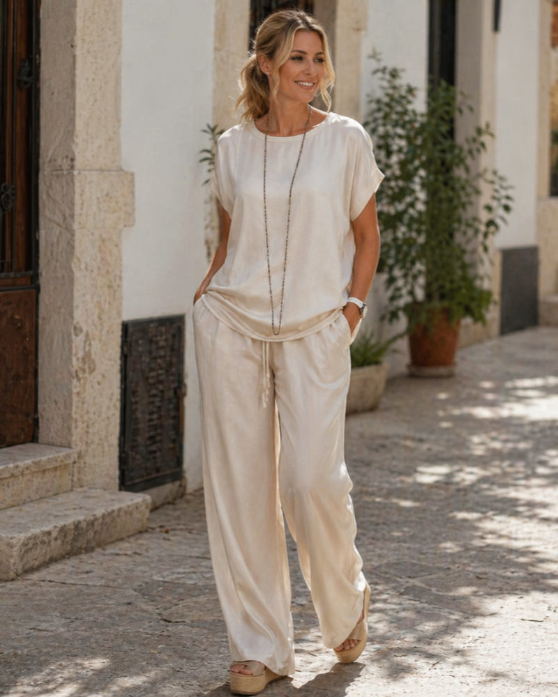 Portia Ensemble Satin Femme – Dámsky saténový set 2 diely: široké nohavice a elegantný voľný top