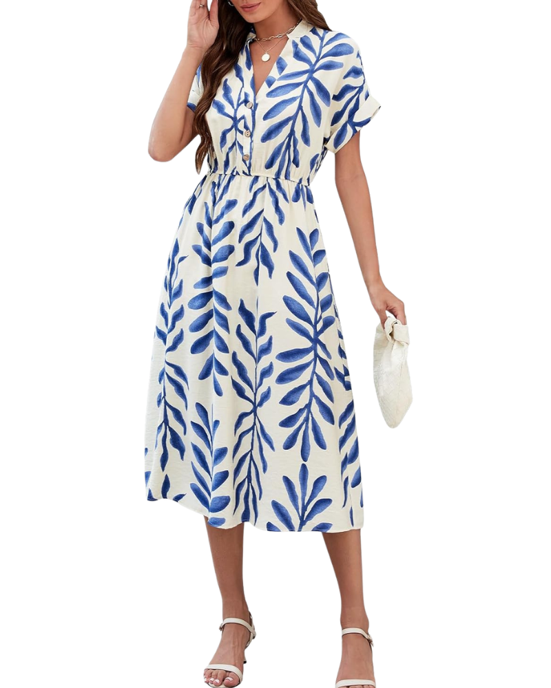 Rosita Robe Femme Bohème – Col V, Manches Courtes, Taille Haute, Poches Été
