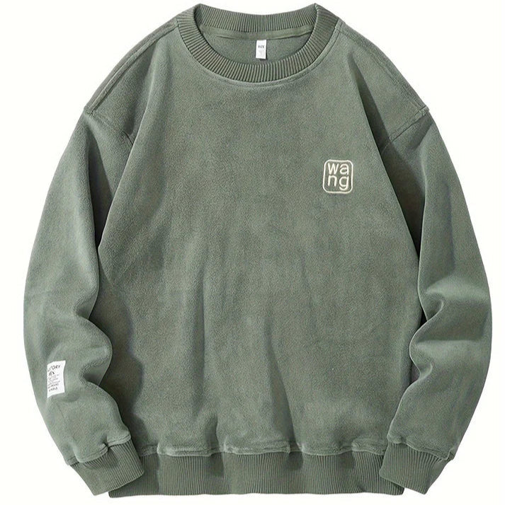 Férfi laza pulóver hímzett betűkkel, kerek nyakkivágással