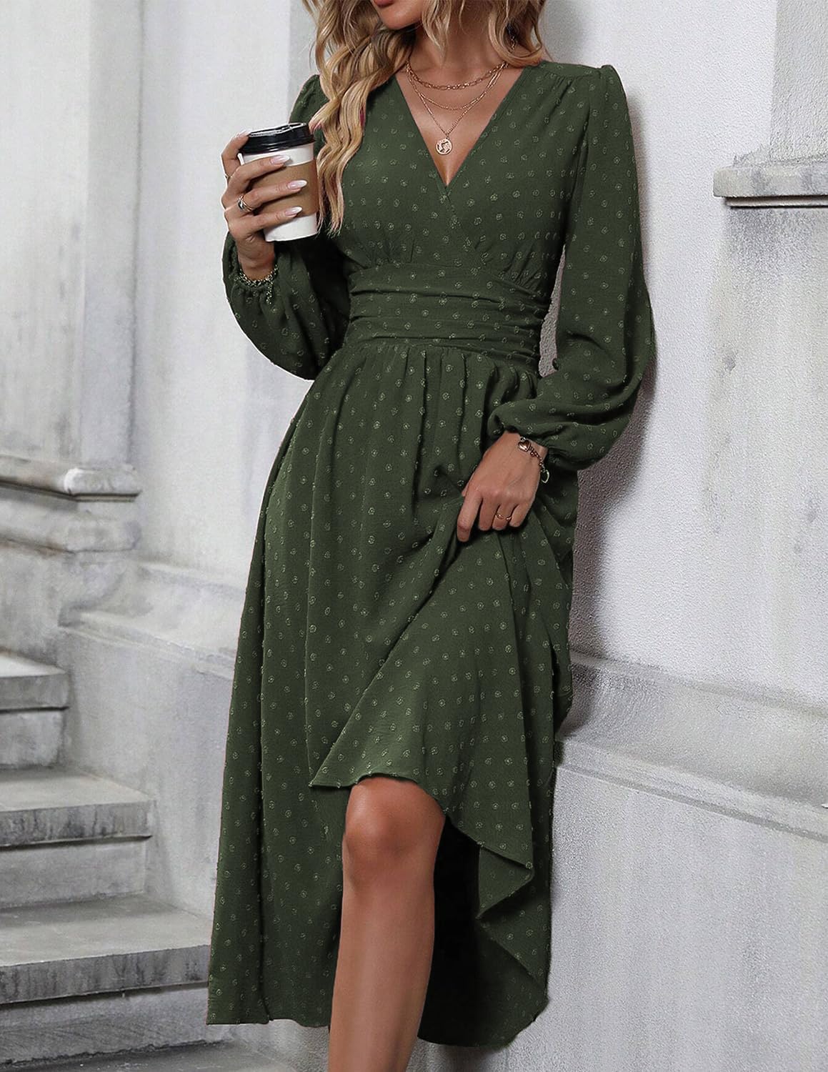 Tierra Robe Femme Pois – Coupe A-Line, Col V, Taille Haute Plissée Élégante