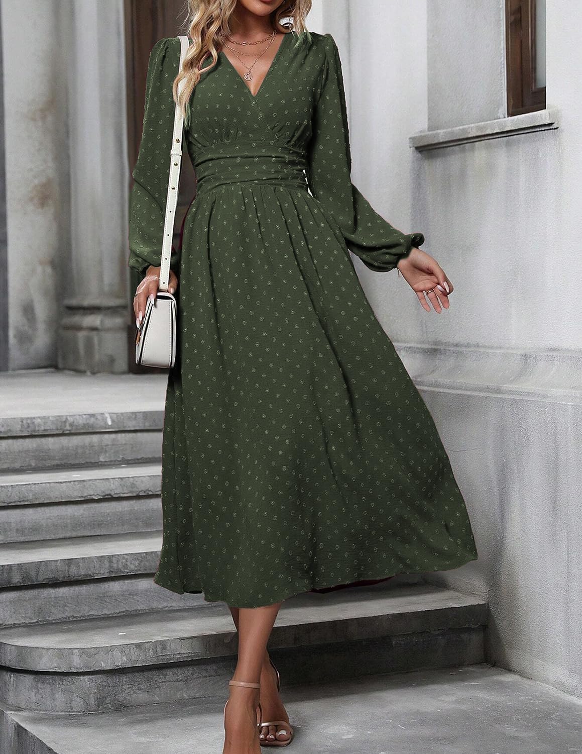 Tierra Robe Femme Pois – Coupe A-Line, Col V, Taille Haute Plissée Élégante