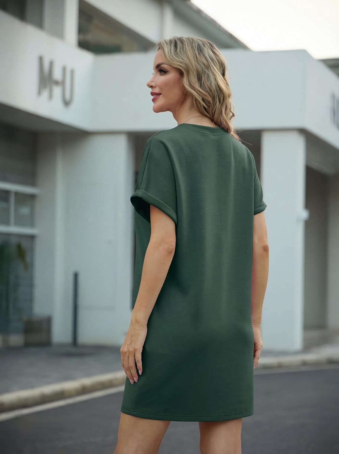 Léa jurk dames – mini jurk met ronde hals, korte mouwen, A-lijn, met zakken, zomer