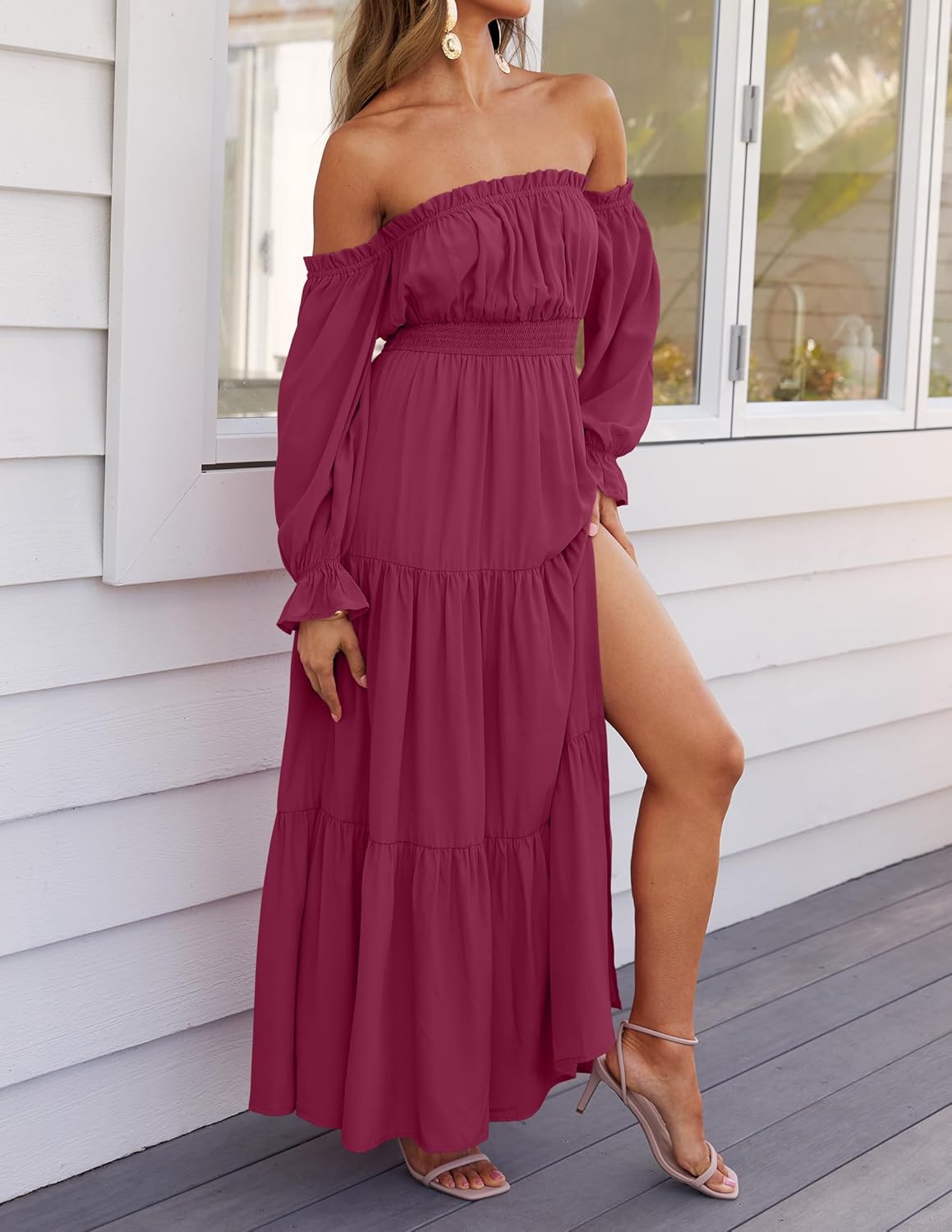 Sophie Robe Maxi Femme – Robe Bohème Épaules Dénudées Fendue Taille Smockée