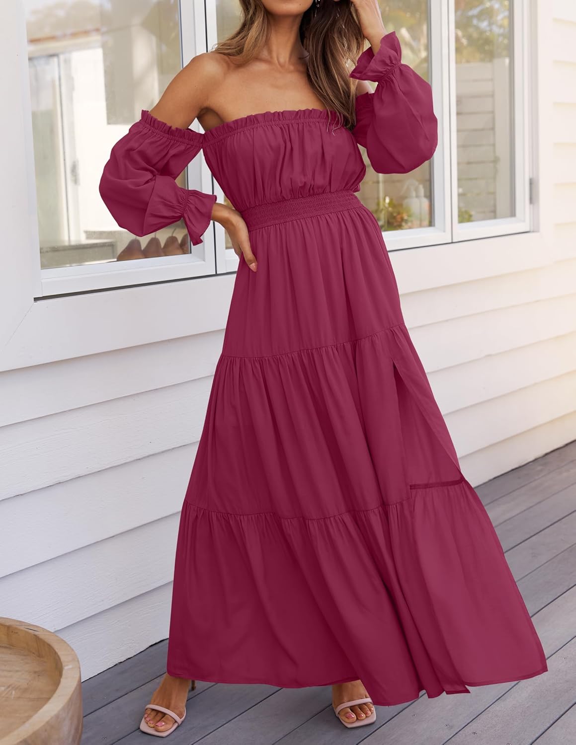 Sophie Robe Maxi Femme – Robe Bohème Épaules Dénudées Fendue Taille Smockée