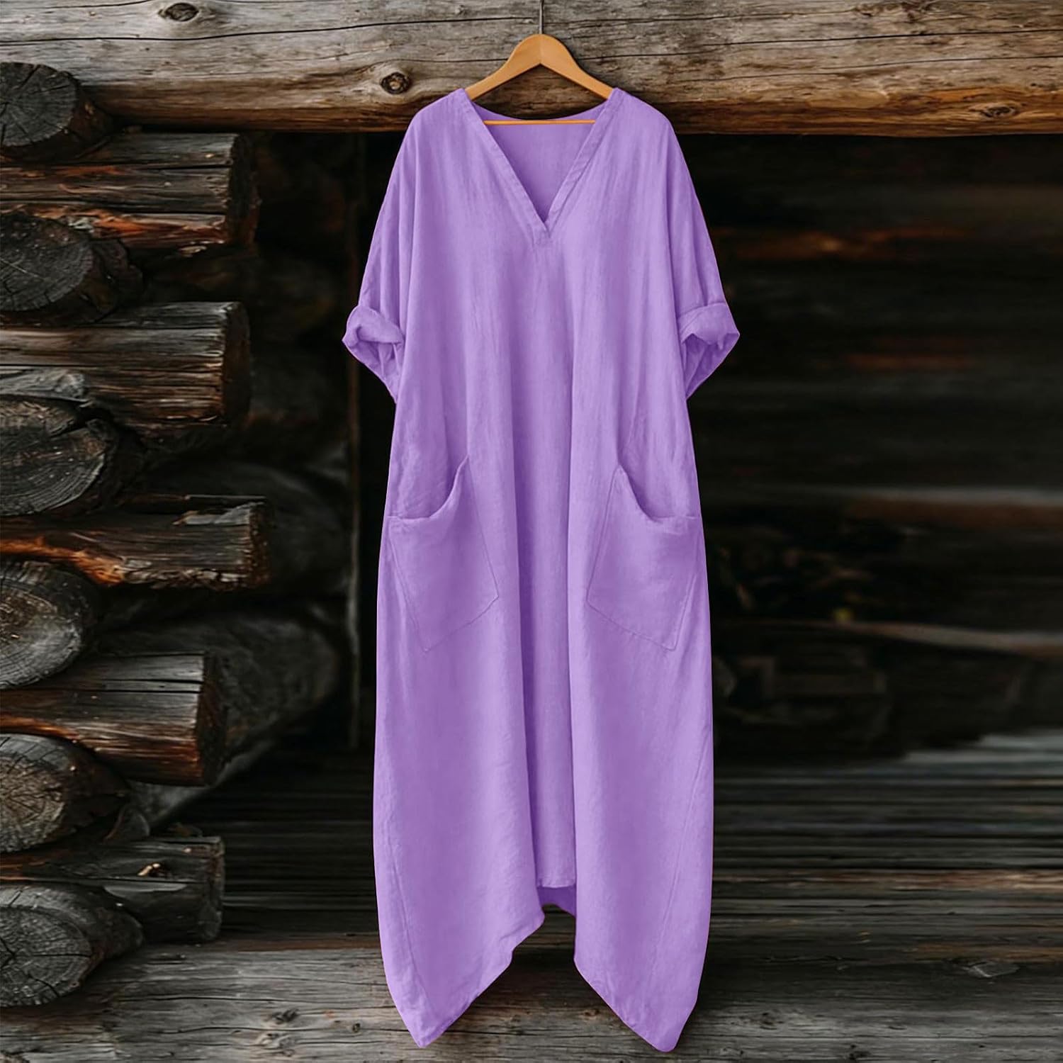 Mila naisten mekko – Maxi pellavamekko V-pääntiellä, 3/4-hihat, A-linjainen leikkaus, oversize, kesä