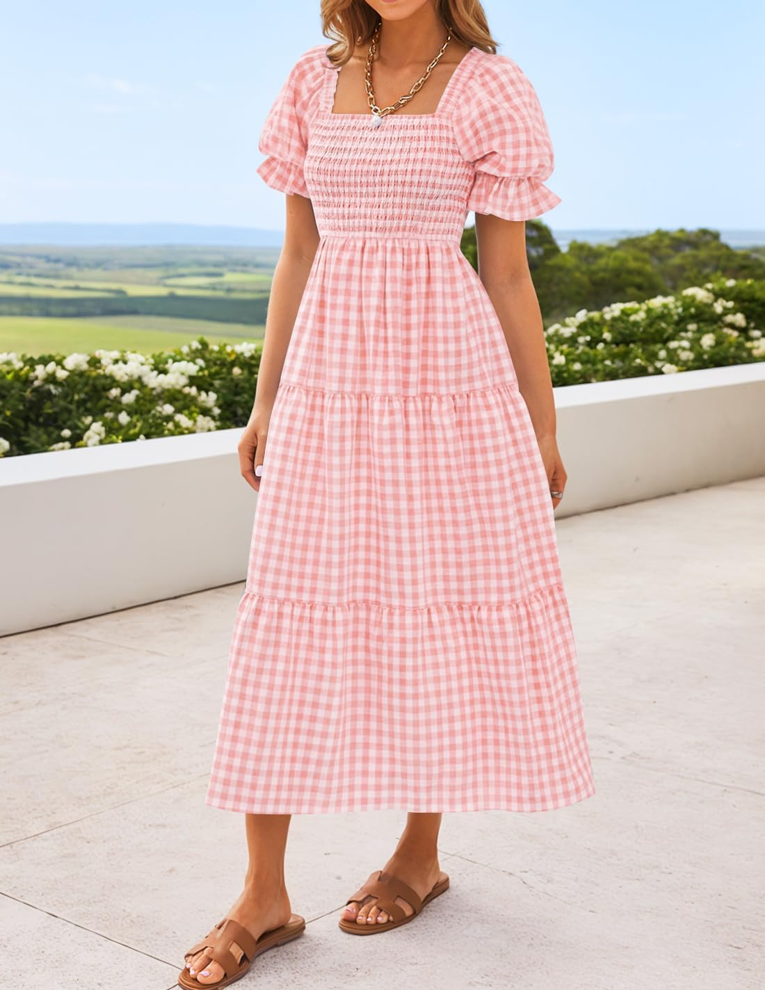 Sophie Robe Bohème Femme – Robe Midi Col Carré Manches Bouffantes Été Élégante