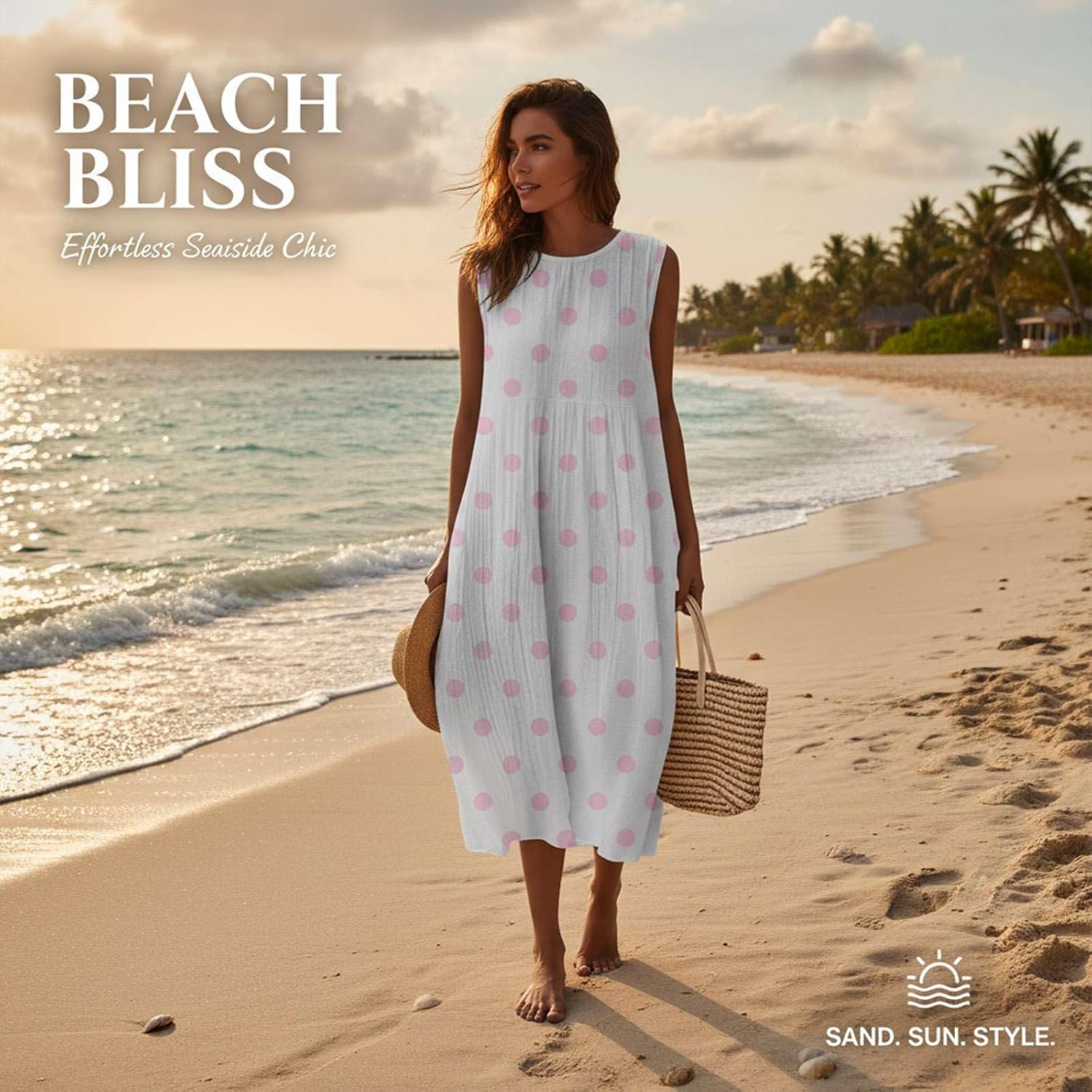 Elena Abito Donna – Abito Midi in Lino a Fiori Collo Tondo Senza Maniche con Tasche Stile Bohemien Estate