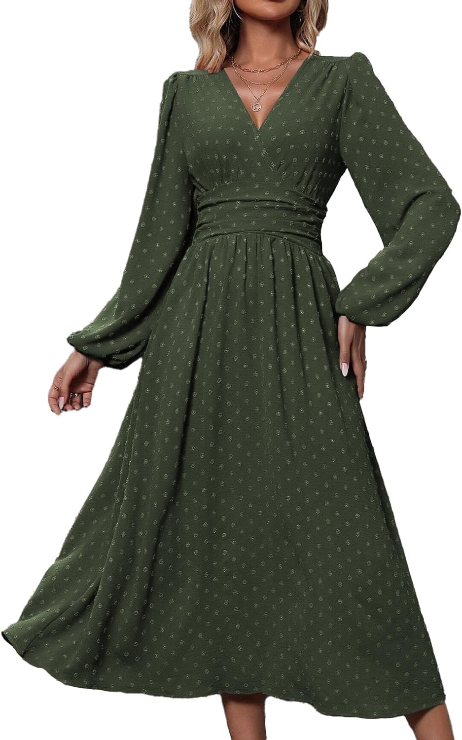 Tierra Robe Femme Pois – Coupe A-Line, Col V, Taille Haute Plissée Élégante