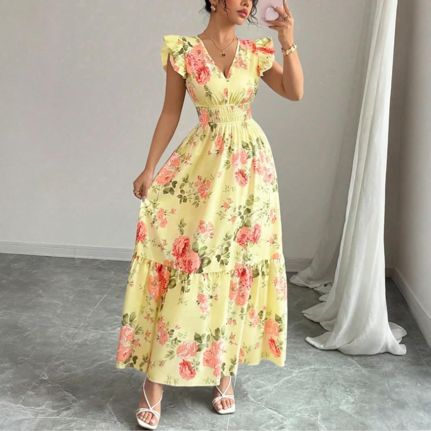Rochie Camille pentru femei – Rochie maxi cu flori, decolteu în V, mâneci cu volane, talie smockată, vară