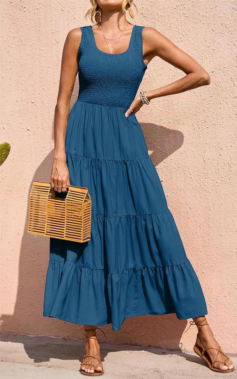 Élina Robe Maxi Femme – Robe Smockée Sans Manches Coupe A-Line Été Bohème