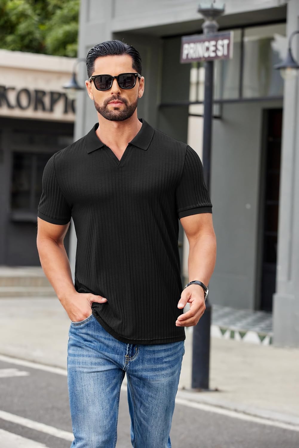 Alex Polo Homme – Polo Côtelé Col V Slim Fit, Léger & Style Été Moderne