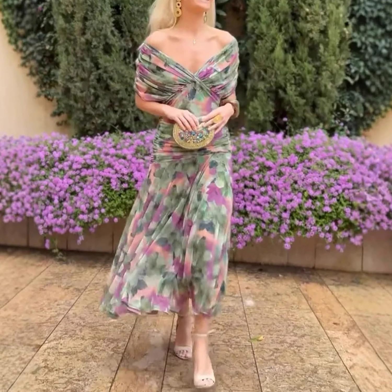 Olivia Damenkleid – Blumiges Cocktailkleid mit freiliegenden Schultern und hoher Taille, elegant