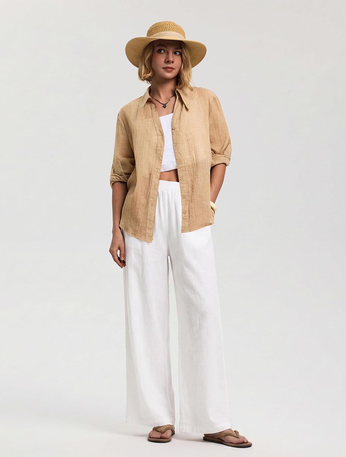 Lenny Pantalón Mujer – Palazzo Lino Algodón Ancho Talla Elástica y Bolsillos Verano
