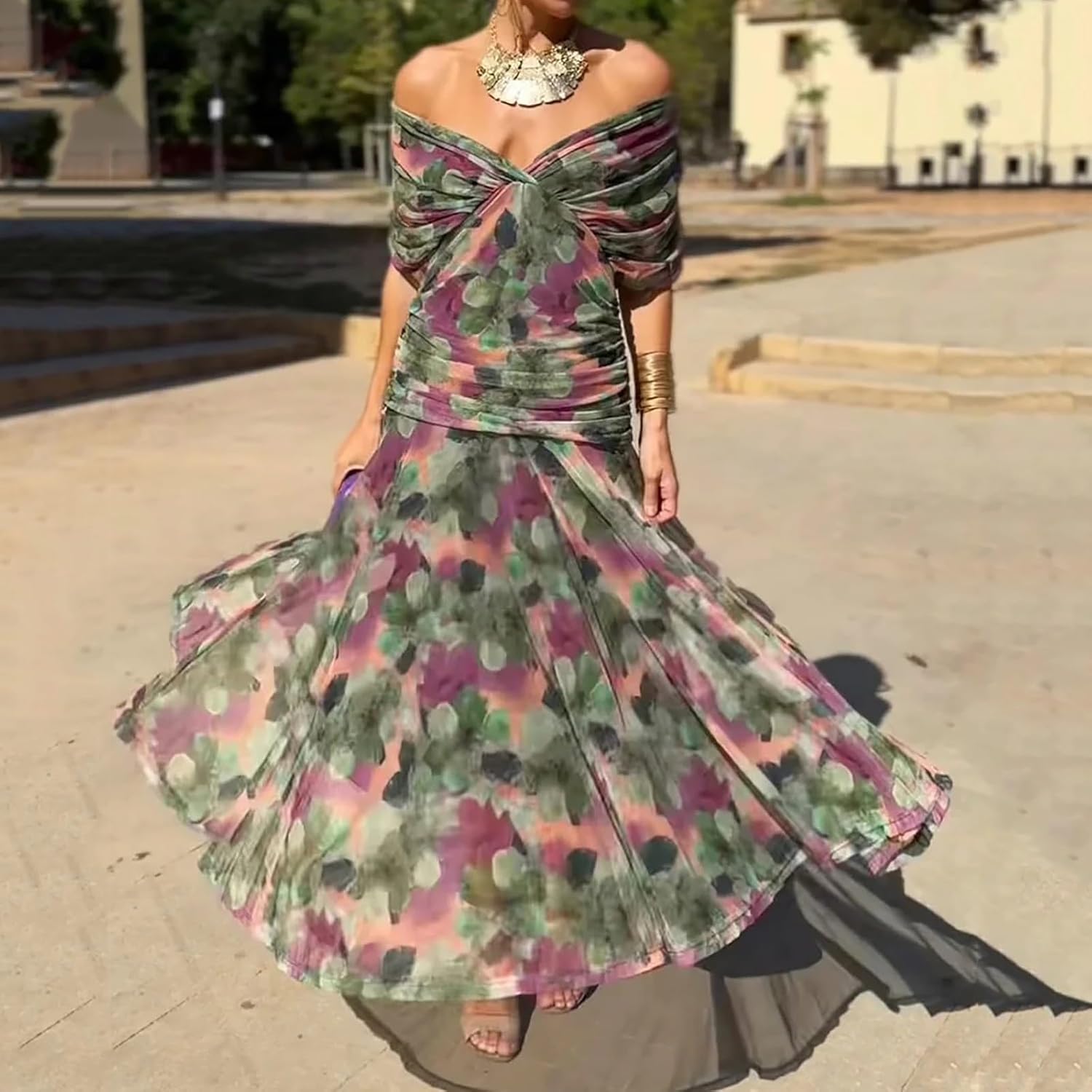 Olivia Damenkleid – Blumiges Cocktailkleid mit freiliegenden Schultern und hoher Taille, elegant