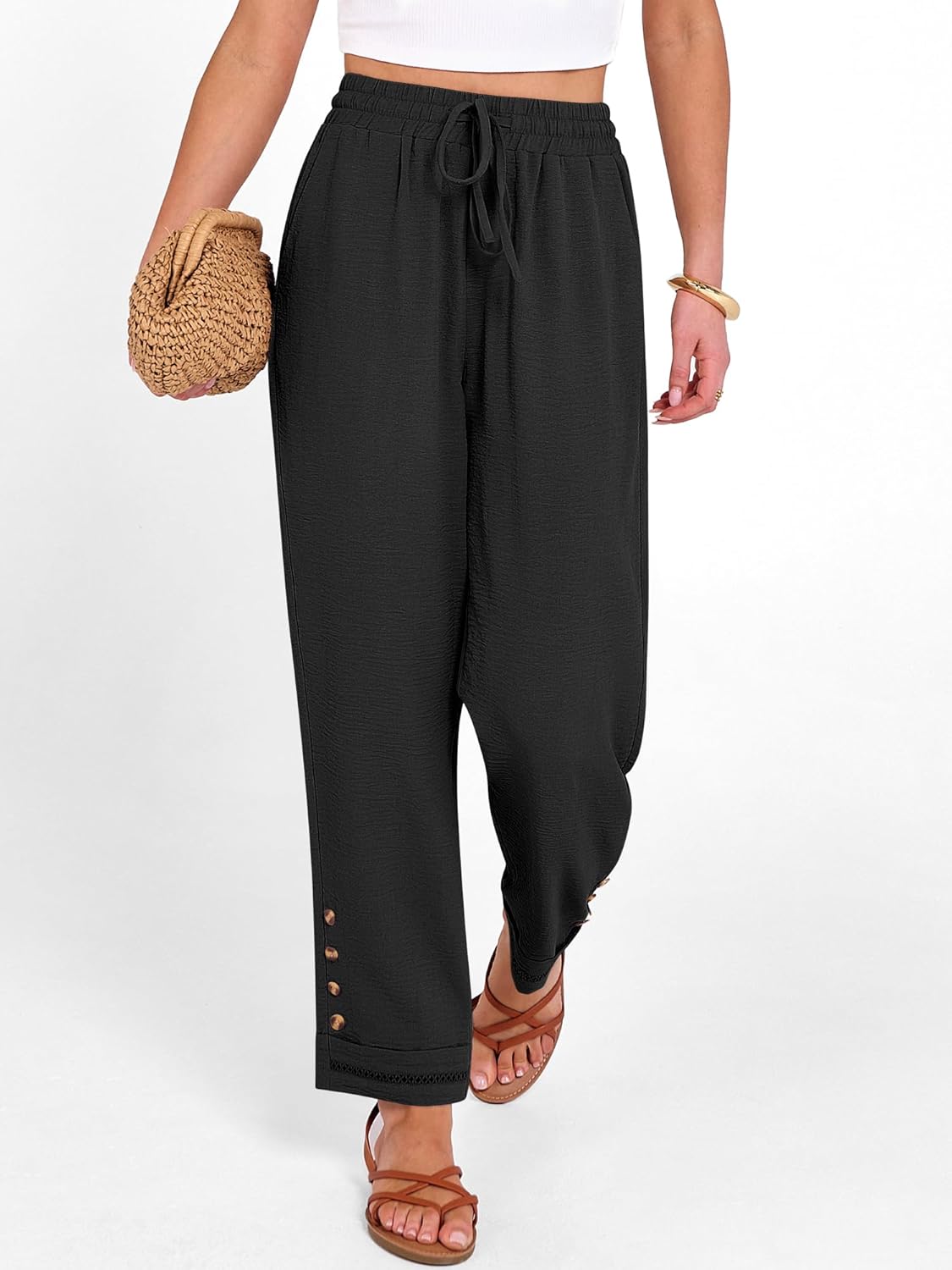 Cianne Pantalon Femme Capri – Coupe Fluide, Taille Élastique Cordon, Casual Été Chic