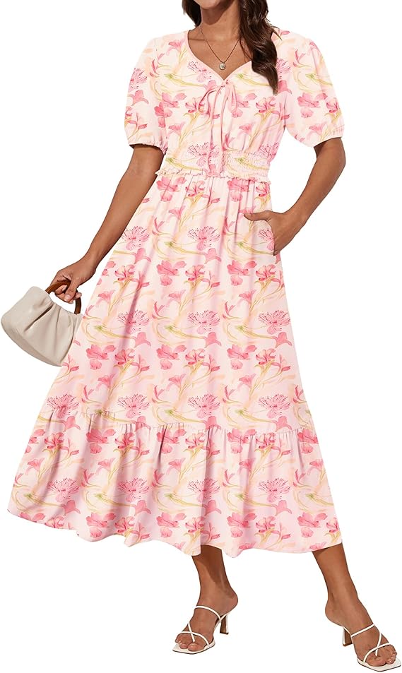 Tasha Kjole Midi Dame – V-udskæring, Smocktalje & Elegant A-linje Sommer