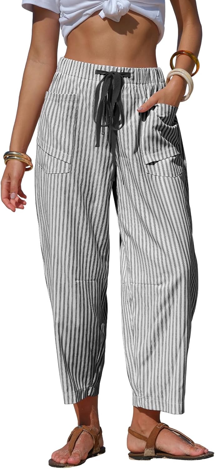 Laura Damenhose Leinen Gestreift – Weite Capri, Elastischer Bund, Leicht, Sommer