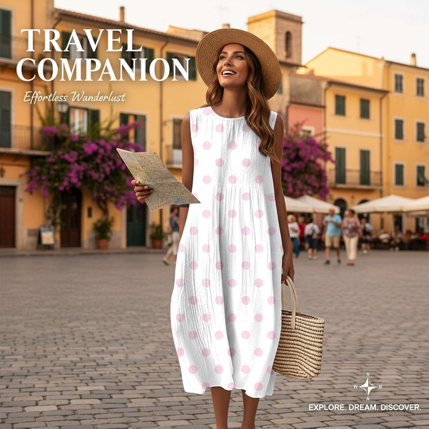 Elena Abito Donna – Abito Midi in Lino a Fiori Collo Tondo Senza Maniche con Tasche Stile Bohemien Estate