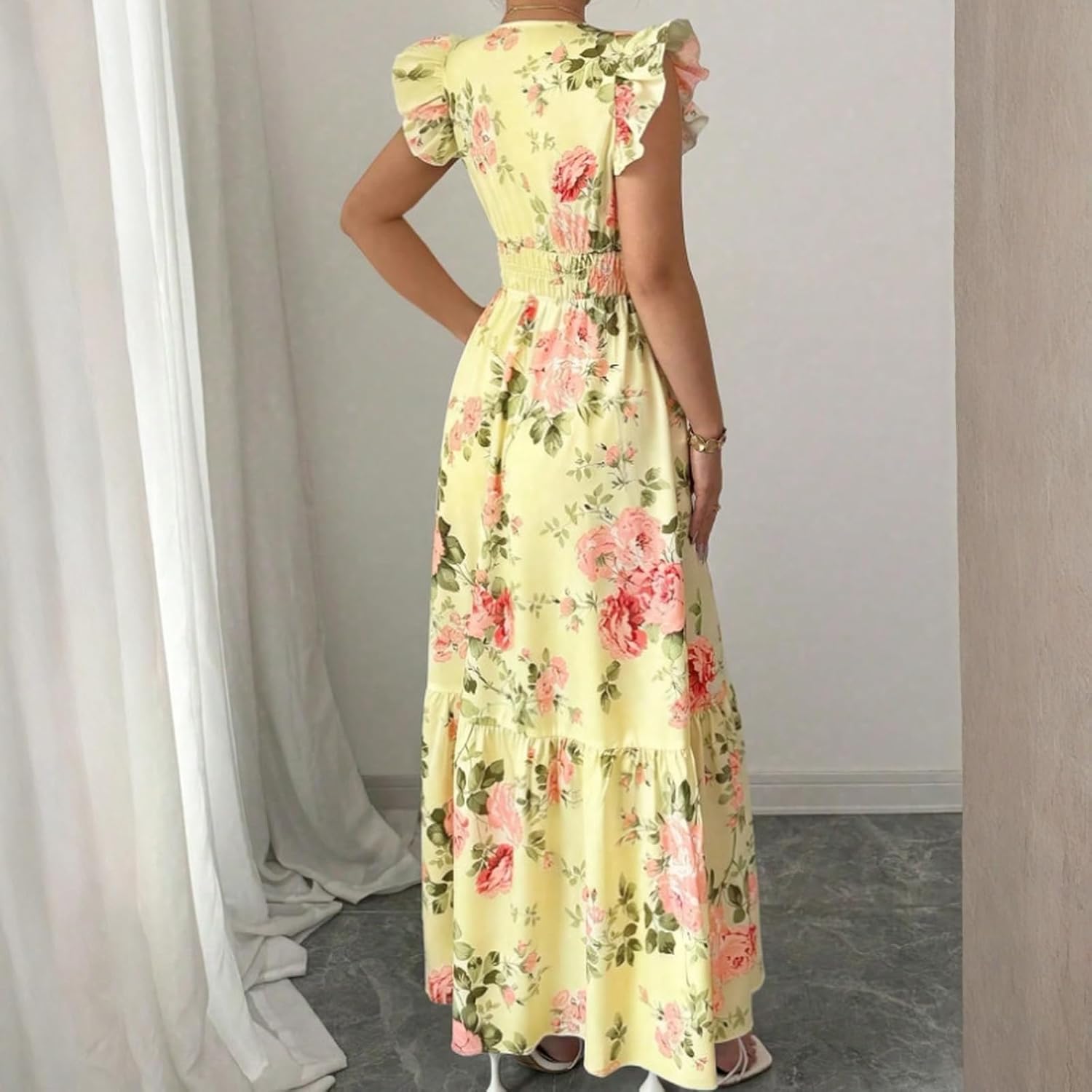 Rochie Camille pentru femei – Rochie maxi cu flori, decolteu în V, mâneci cu volane, talie smockată, vară