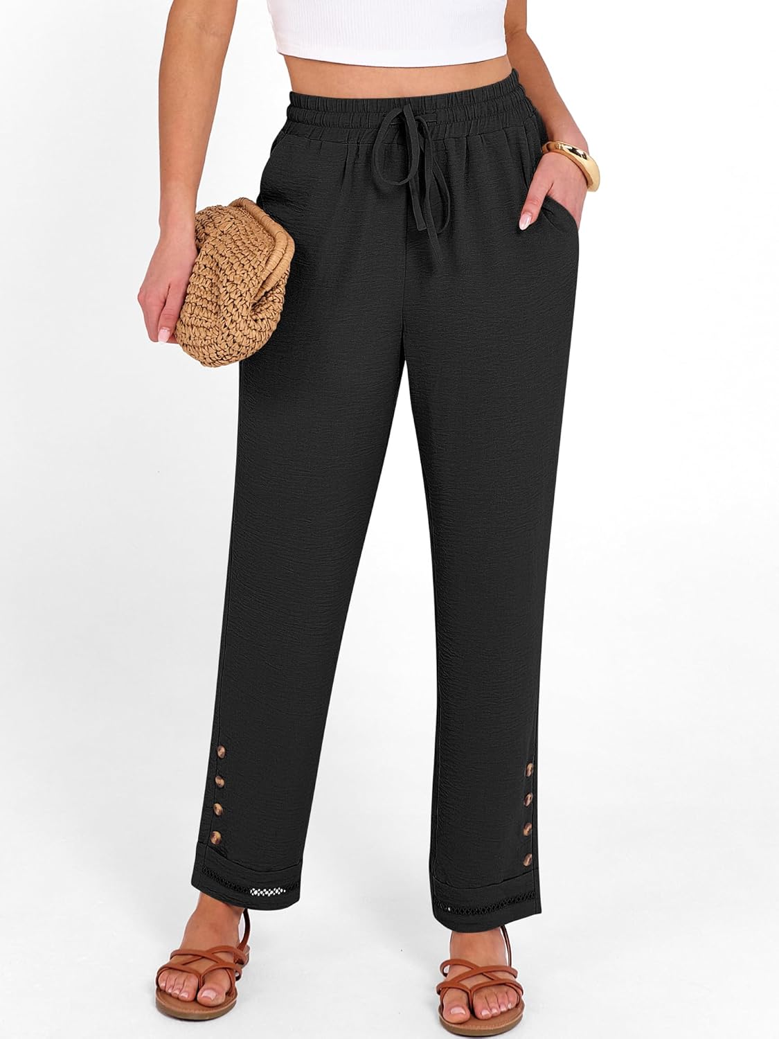 Cianne Pantalon Femme Capri – Coupe Fluide, Taille Élastique Cordon, Casual Été Chic