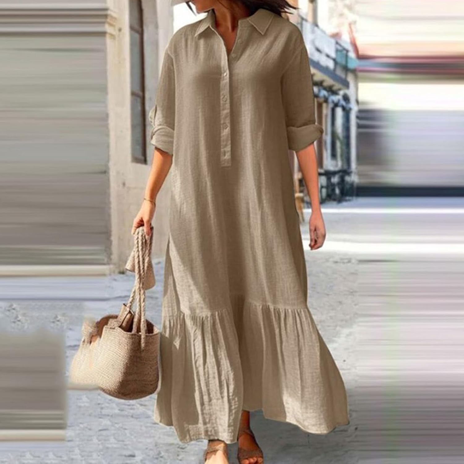 Élina Robe Longue Femme en Coton et Lin – Robe Chemise Ample à Ourlet Asymétrique