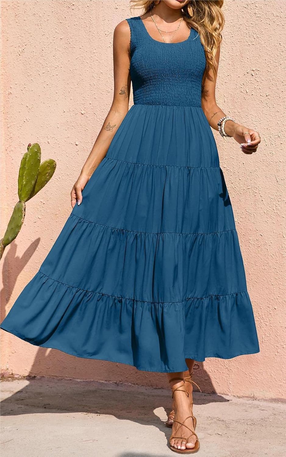 Élina Robe Maxi Femme – Robe Smockée Sans Manches Coupe A-Line Été Bohème